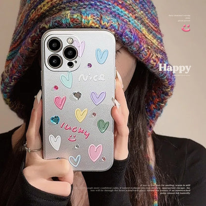 eybag Electroplated Heart Stickers Phone Case for IPhone 15 14 11 Pro Max Plus 13 12 Mini X XS Max XR 7 8 Plus SE Shockproof Cover