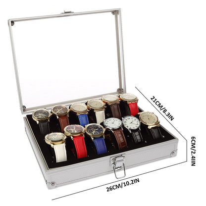 eybag 6/10/12 Slots Watch Box Jewellery Display Storage Case with Glass Top Exquisite Mens Watch Organizer Metal Watch Holder Showcase