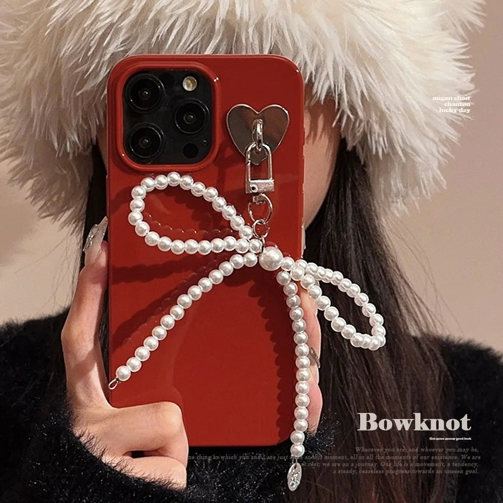 eybag Pearl Bow Pendant Phone Case for IPhone 14 13 12 11 15 Pro Max Funda for Iphone 15 14 Plus Wine Red Silicone Shockproof Cover