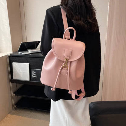 eybag Genuine PU Leather Backpack Female Large Capacity Casual School Bag Solid Drawstring Travel Shoulder Bag Korean Fashion Backpack