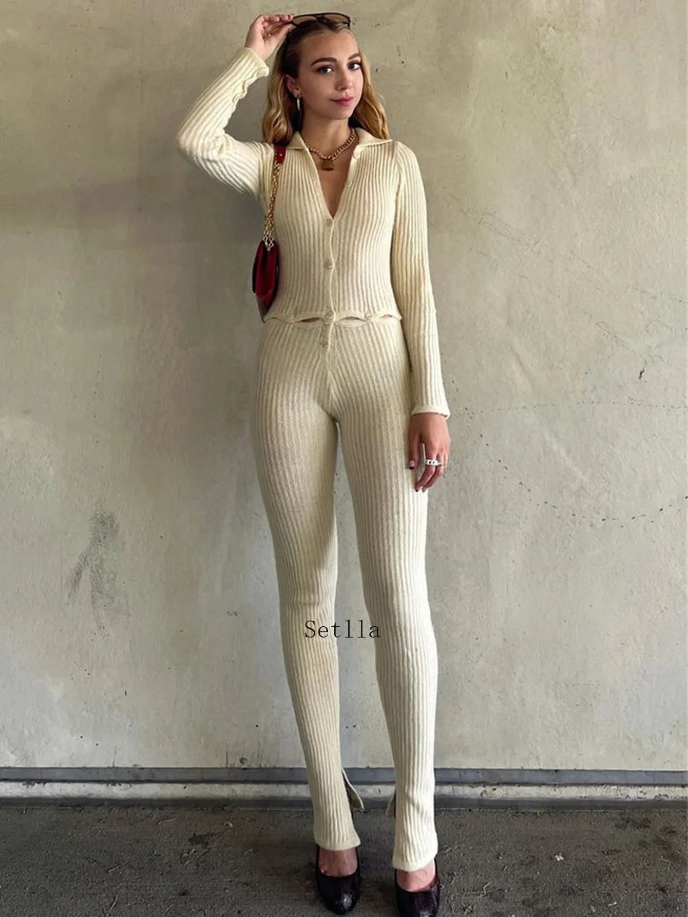 eybag Crochet Ribbed Knit Pants Sets for Women Two Peice Sets Outifits See-Through Hollow Out Knitted Tracksuit Streetwear Jumpsuits