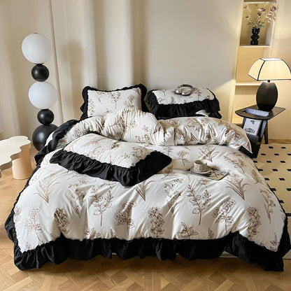 -2/3PC French Vintage Black Ruffles Duvet Cover Set, With Pillowcases, Nordic Luxury Flowers Plant Quilt Cover Set, Bedding Set