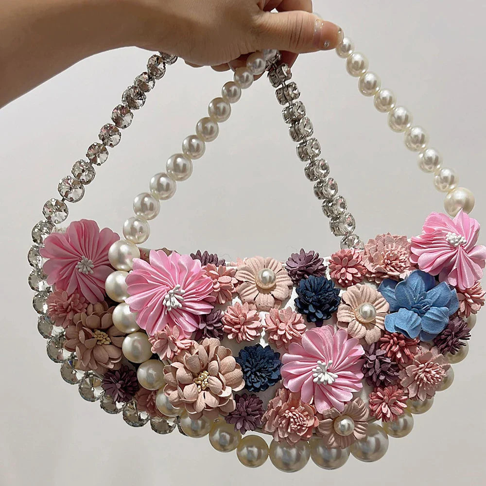 Lkblock Luxury Appliques Handbag Rhinestone Evening Bag Half Moon Pearls Bags for Women Fashion Diamonds Party Wedding Clutch Ladies New