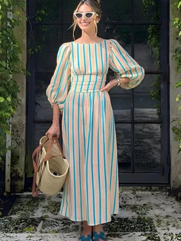 eybag Striped Print Women Maxi Dress women Elegant O Neck Lantern Sleeve Backless Female Dresses 2024 Summer High Waisted Robe