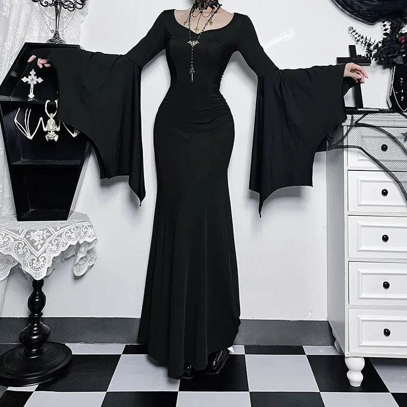 eybag Halloween Gothic Vintage Dress Women Square Neck Patchwork Spider Web Flare Sleeves Cosplay Long Party Dress