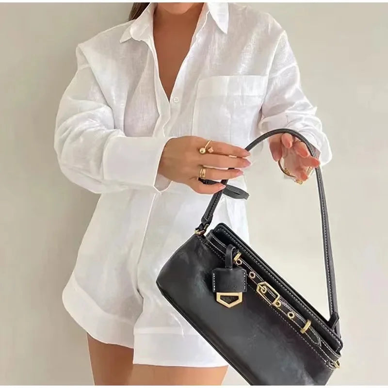 eybag 2024 Fashion Button Pockets Short Pant Women's Sets Elegant Lapel Long Sleeves 2 Pieces Outfit Vacation New In Matching Suits