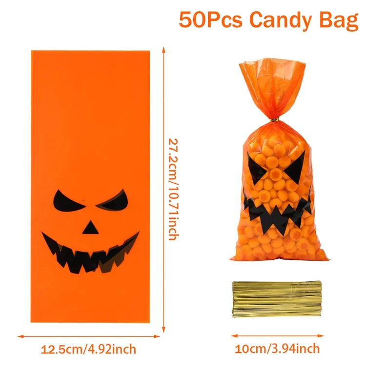 eybag 50Pcs Halloween Candy Bag Pumpkin Skull Bat Plastic Bags Happy Halloween Party Supplies Cookie Packaging Halloween Party Decors