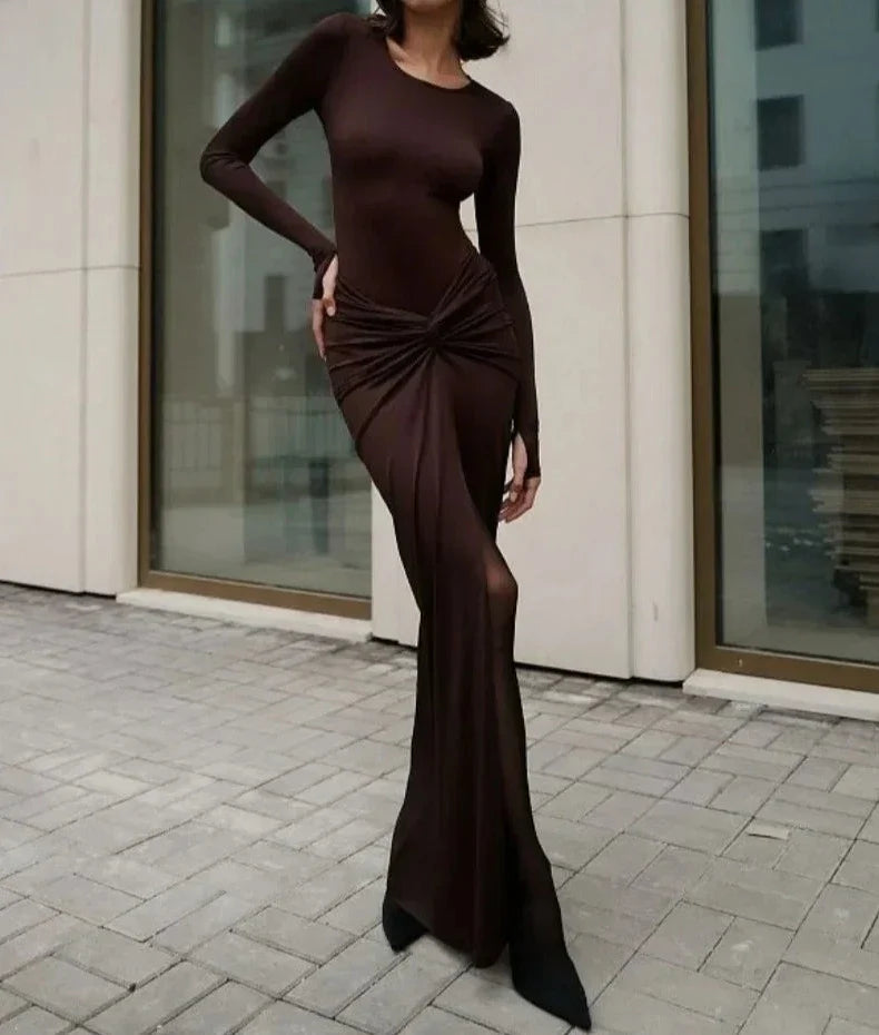 eybag Elegant Two Piece Skirts Set Women Autumn Winter O-neck Long Sleeve Bodysuit and Folds High Slit Dress Evening Party Outfit 2024