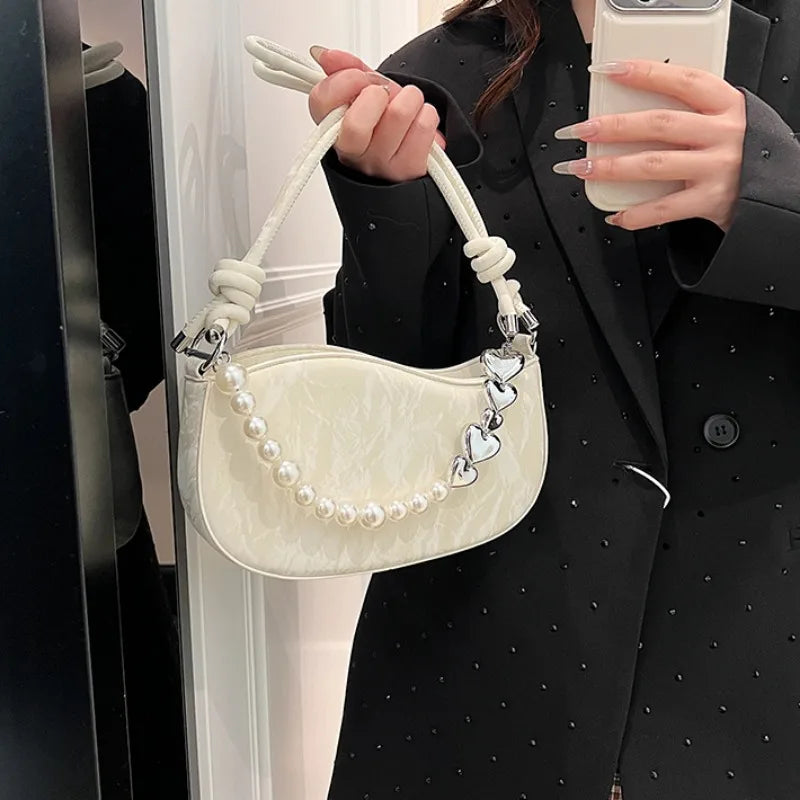 eybag Pink Pearl Womens Shoulder Bag Elegant Chains Beading Leather Korean Fashion Handbag Commuter Casual Ladies Aesthetic Bags