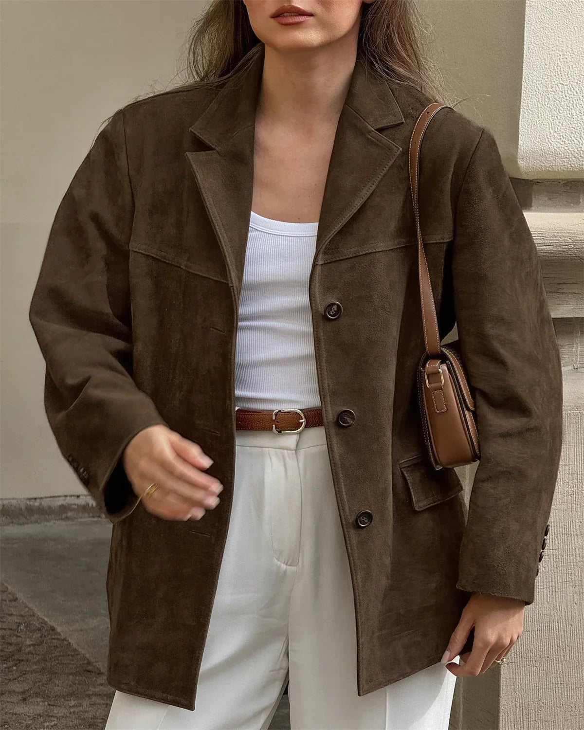 eybag Vintage Lapel Loose Jacket Autumn Winter Maillard New Coat Woman Fashion Single Breasted Coats  Ladies Long Sleeve Brown Outwear