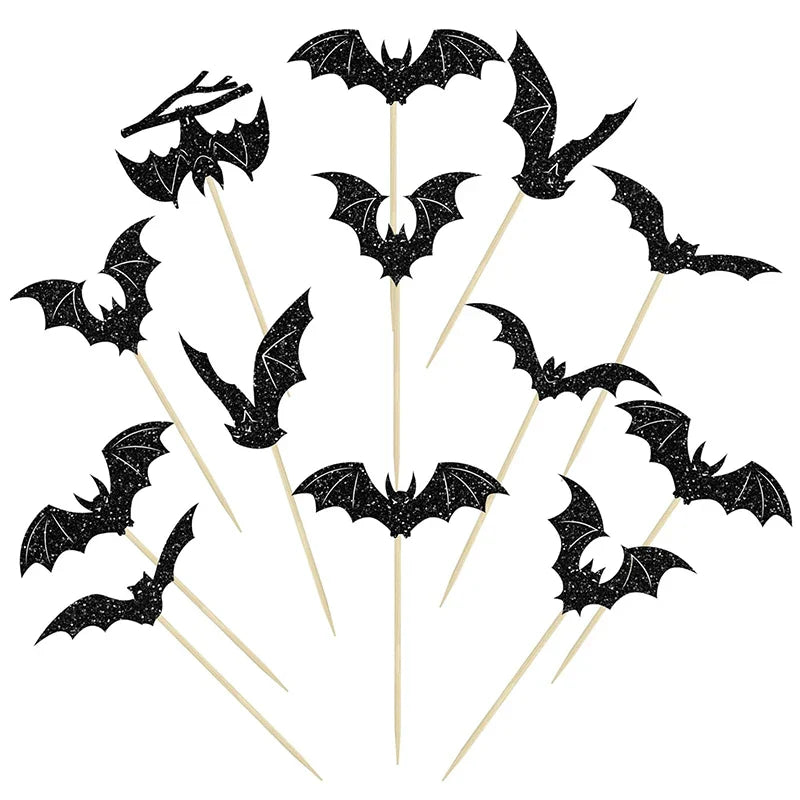 -12/24Pcs Halloween Bat Cupcake Toppers Mixed Black Bat Cupcake Pick Flags Kids Halloween Birthday Party Cake Decoration Supplies