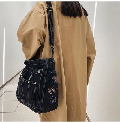 eybag Vintage Denim Handbag Women Retro Grunge Print Punk Casual Crossbody Bags Female Harajuku Y2k Messenger Bag Aesthetic