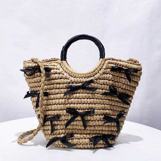 eybag Bohemian Beach Straw Bags For Women Luxury Designer Handbag And Purse 2024 New In Papyrus To Woven Bow Top Handle Small Shoulder