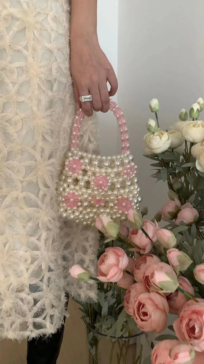 eybag Ins Flower Pearl Hand Bags for Women Portable Cut Lovely Small Handmade Woven Pink Purses Customized Designer Purse