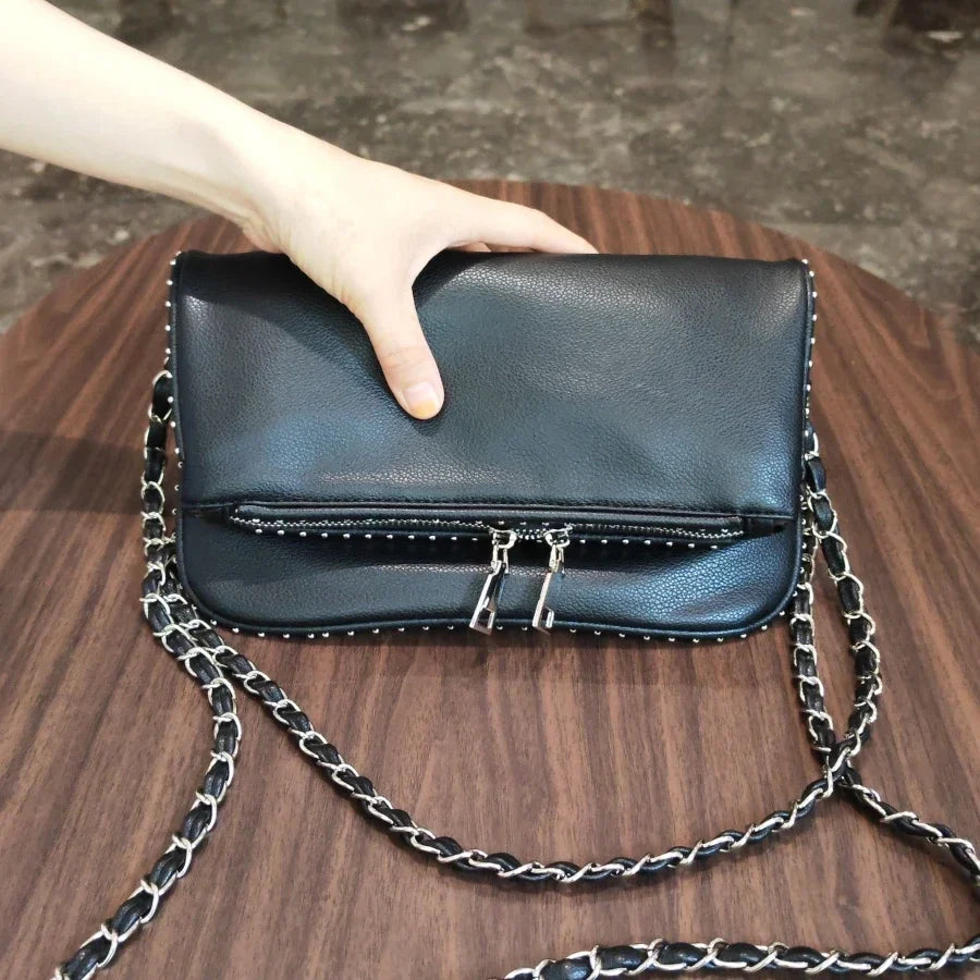 eybag Fashion Rivet Women Chain Crossbody Bag Pu leather Lady Shoulder Purse Large Capacity Classic Black Fold Envelope Bag