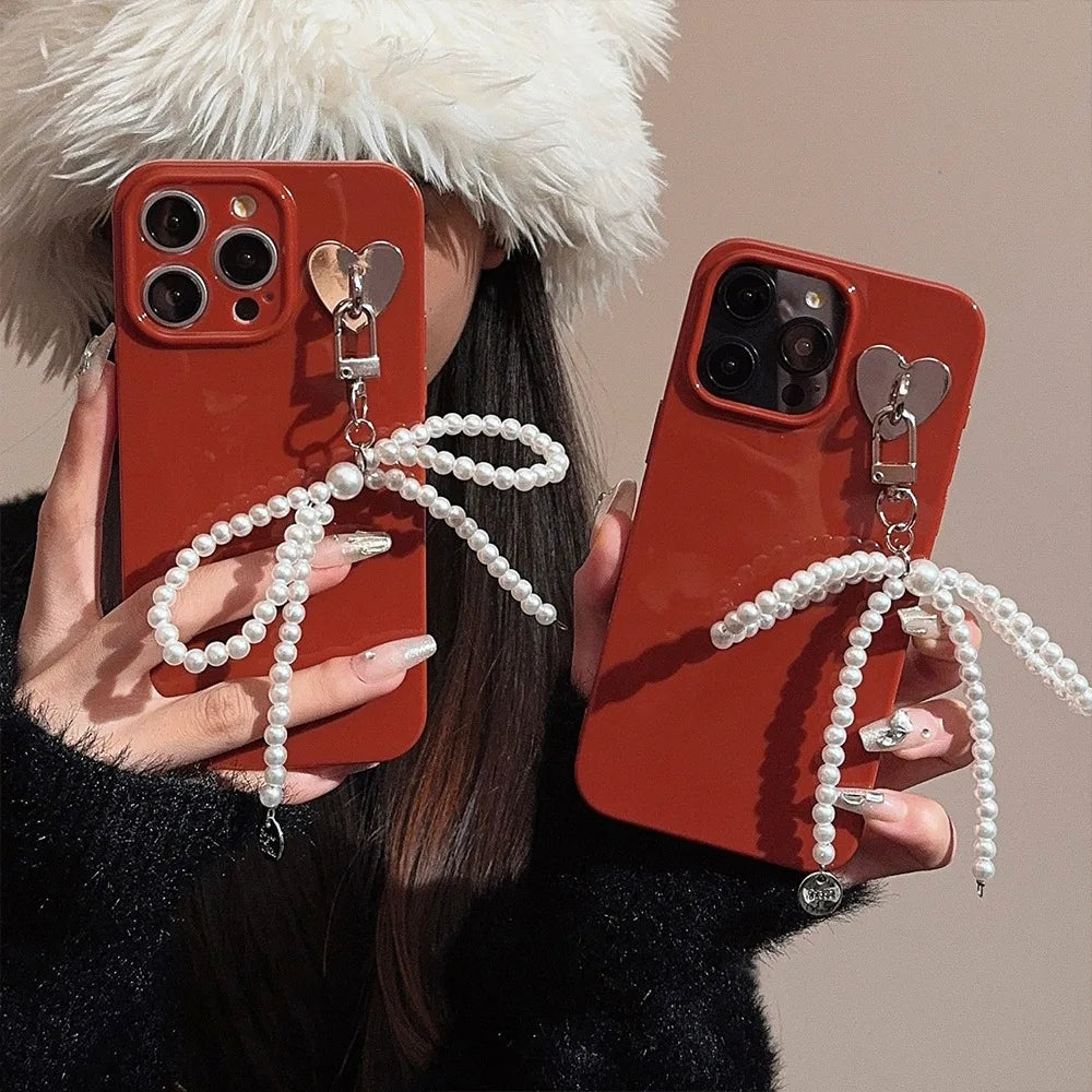 eybag Pearl Bow Pendant Phone Case for IPhone 14 13 12 11 15 Pro Max Funda for Iphone 15 14 Plus Wine Red Silicone Shockproof Cover