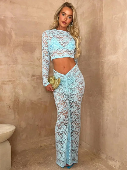 eybag Elegant Woman 2 Pieces Lace Dresses Set 2024 O-neck Long Sleeve Hollow Out Cropped T-shirt+Low Waist Skirts Evening Party Outfit