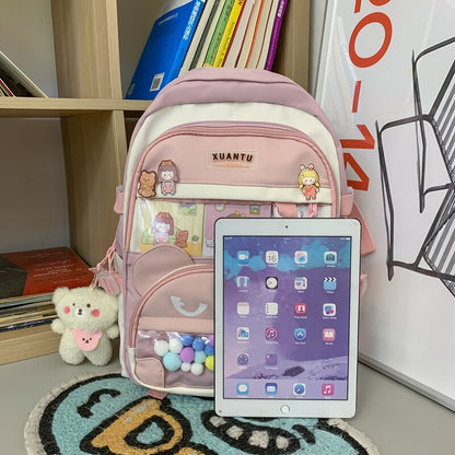 eybag New Multi-pocket Pink Kawaii Girls School Backpack For Teenager Female Book Schoolbag Women Transparent PVC  Nylon Mochila