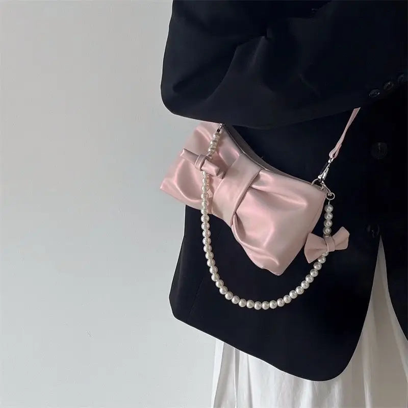 eybag Sweet Bow Pink Shoulder Bag Women Fairycore Aesthetic Pearl Leather Handbag Female Harajuku Solid Messenger Bag