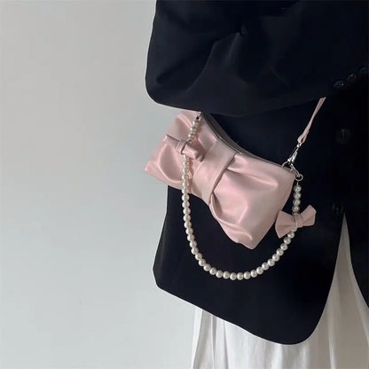 eybag Sweet Bow Pink Shoulder Bag Women Fairycore Aesthetic Pearl Leather Handbag Female Harajuku Solid Messenger Bag