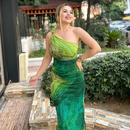 eybag Green Print Long Dress Women Fashion One Shoulder Slim Evening Party Dresses Summer Sexy Backless Ruched Maxi Dress 2024