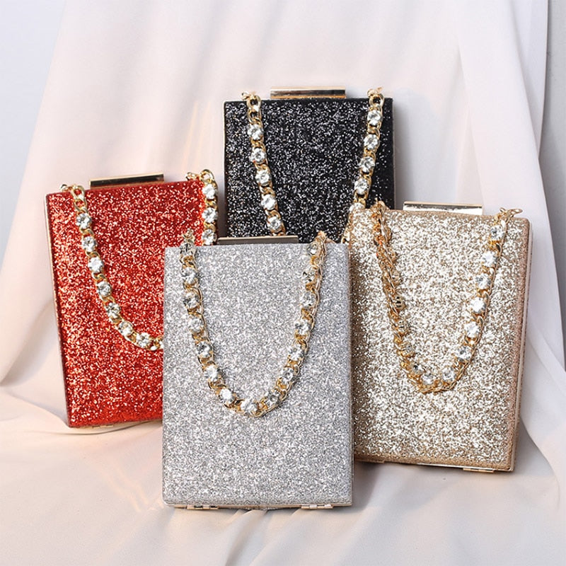 eybag Women's Box Sequin Wedding Clutch Bag Diamond Chain Luxury Design Handbag  New Bridal Evening Bag Small Party Purse gold