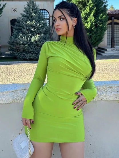 eybag Solid Long Sleeve Ruched Mini Dress For Women Bodycon Sexy Streetwear Party Elegant Outfit Birthday Short Dress Evening