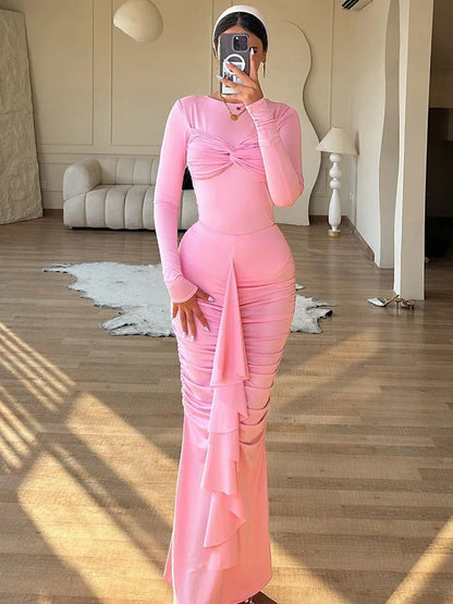 eybag Long Sleeve Draped Sexy Maxi Dress For Women Gown Autumn Winter New O Neck Ruched Bodycon Sexy Long Dress Elegant