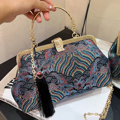 eybag 2024 Vintage Women Floral Clutch Designer Lock Shell Clip Handmade Chain Shoulder Bags Crossbody Bags Tassel Glitter Handbags