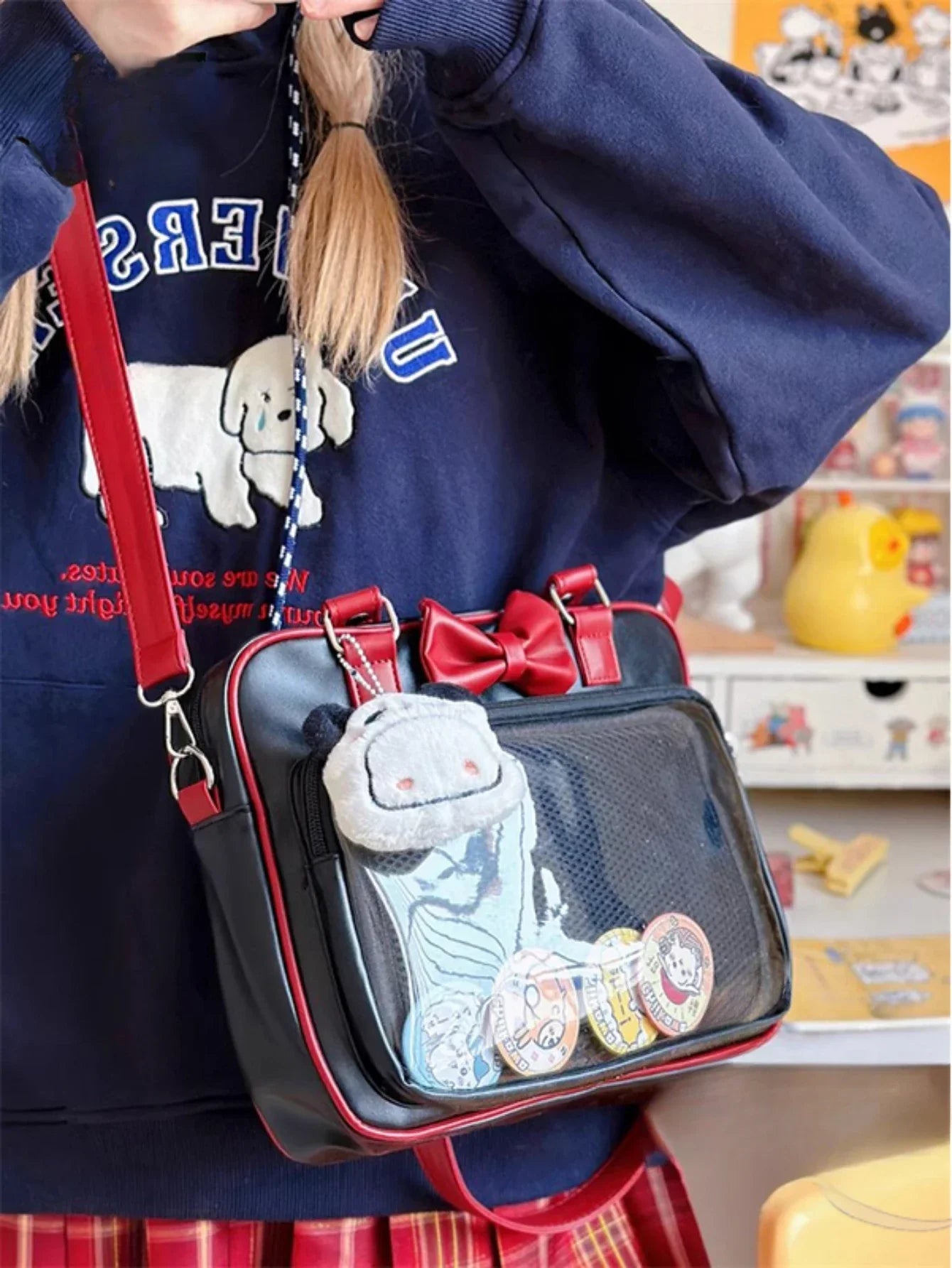 eybag Tote Handbags Women Ita Bag JK Girl Japanese Style Kawaii PU Leather Itabag Women Transparent Pocket Bowknot Lolita Shoulder Bag