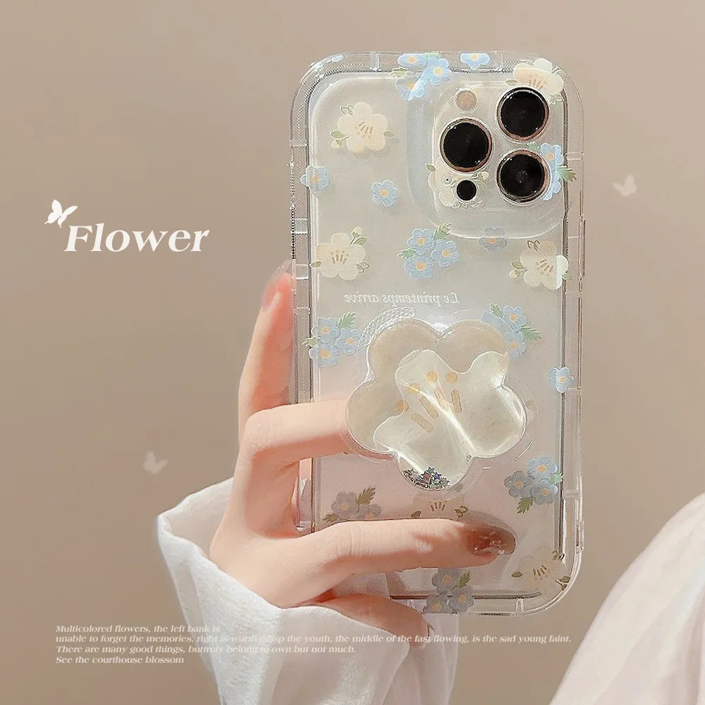 eybag Ins Artistic Flower With Holder Phone Case For iPhone 15 14 13 12 11 Pro Max Plus Soft Shockproof Bumper Clear Protective Cover