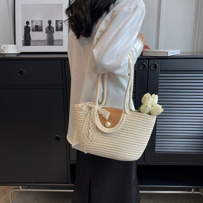 eybag Women's Woven Shoulder Bag New Large Capacity Tote Bag Casual Knit Beach Vacation Handbags Eco Reusable Shopper Pearl Decoration