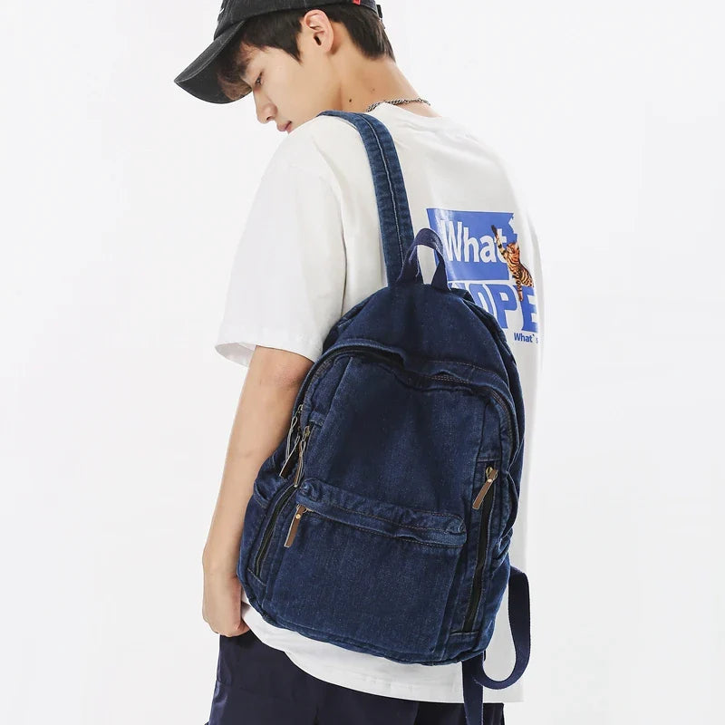 eybag Fashion Multi Pocket Women Backpack Vintage Washed Denim Female School Backpack Men Leisure Trendy Cool Student Travel Book Bag