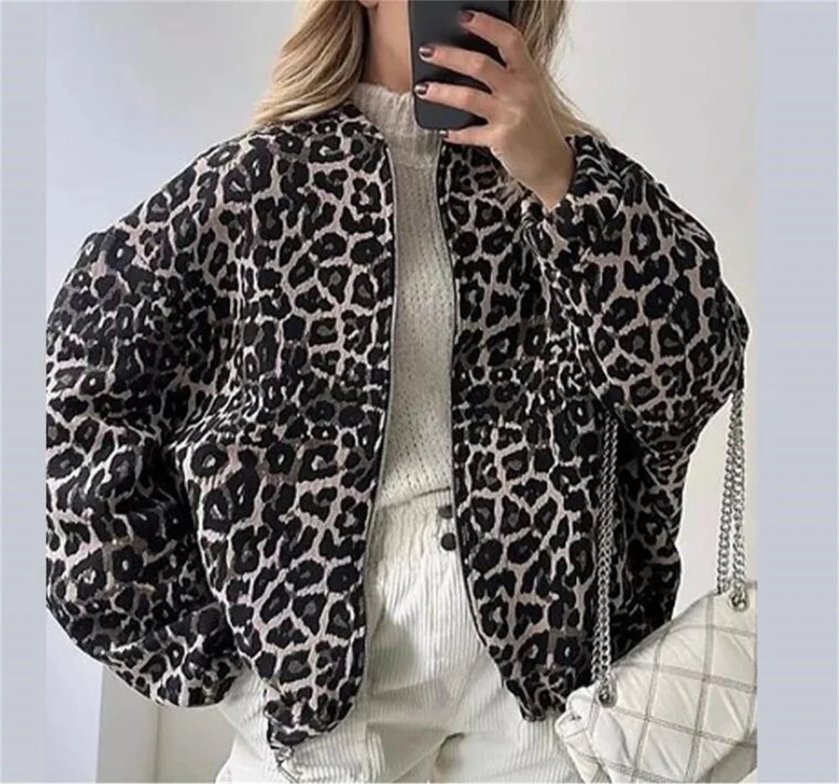 eybag Women Zipper Leopard Jacket Fashion Retro Long Sleeve Coat 2024 New Autumn Winter Female Jackets High Street Outwear Warm Coats