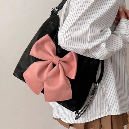 eybag Pink Bow Womens Shoulder Bag Korean Style Fashion Large Capacity Sweet Backpack Cute Exquisite Elegant New Female Tote Bag