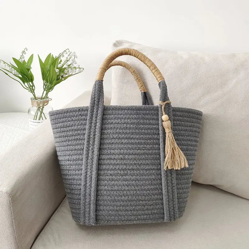 eybag Women Handbag New Ins Simple Fashion Versatile Cotton Rope Woven Bag Straw Woven Bag Holiday Beach Bag Bags