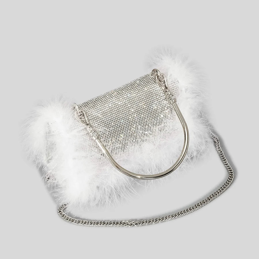 eybag Luxury Ostrich Feather Dianonds Patchwork Evening Handbags Shinny Rhinestone Shoulder Crossbody Bags Glitter Small Party Purses