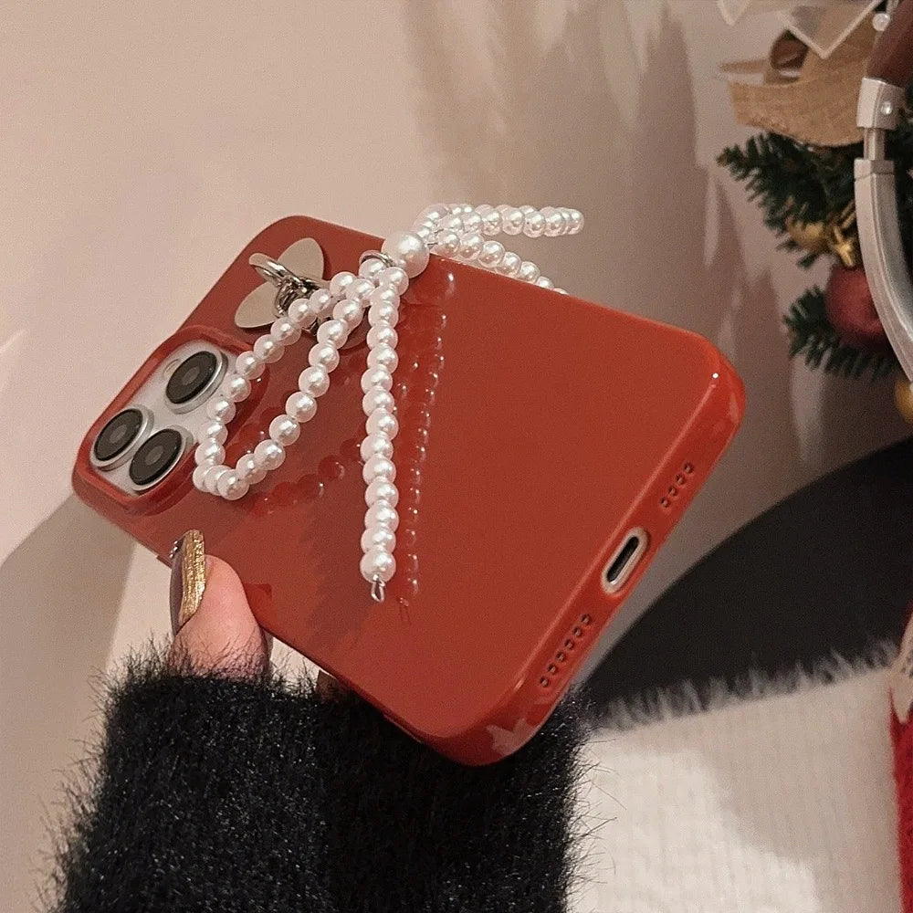 eybag Pearl Bow Pendant Phone Case for IPhone 14 13 12 11 15 Pro Max Funda for Iphone 15 14 Plus Wine Red Silicone Shockproof Cover