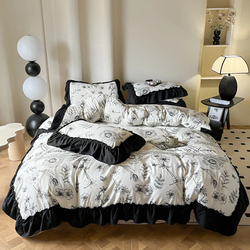 -2/3PC French Vintage Black Ruffles Duvet Cover Set, With Pillowcases, Nordic Luxury Flowers Plant Quilt Cover Set, Bedding Set