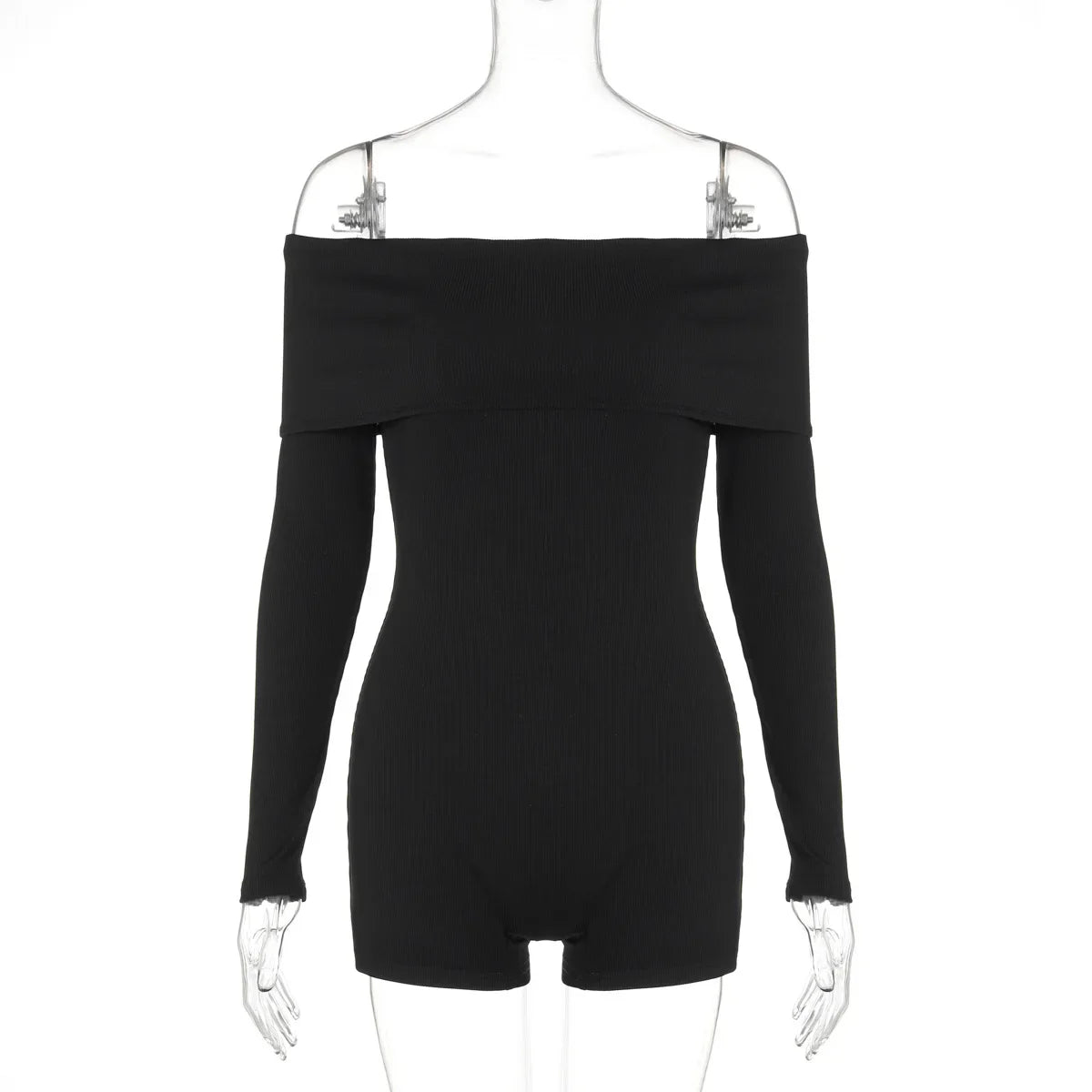 eybag Off-shoulder Long Sleeve Sexy Playsuits Women Rompers Autumn New Black Ribbed Strapless Backless Skinny Playsuits