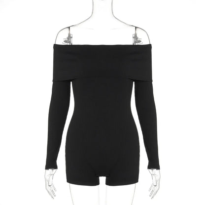 eybag Off-shoulder Long Sleeve Sexy Playsuits Women Rompers Autumn New Black Ribbed Strapless Backless Skinny Playsuits