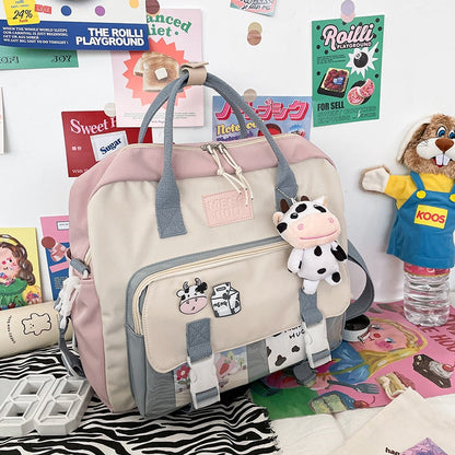 eybag Women Cute Cow Backpack Female Student College Schoolbag Girl Badge Multifunctional Backpacks Kawaii Ladies Waterproof Nylon Bag