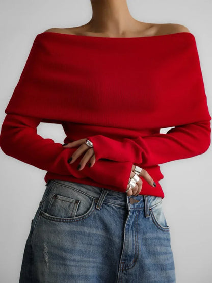 eybag Elegant Red Off Shoulder Sweater for Women Autumn Fashion Long Sleeve Knitted Pullovers Female Casual Slim Jumpers 2024 Knitwear