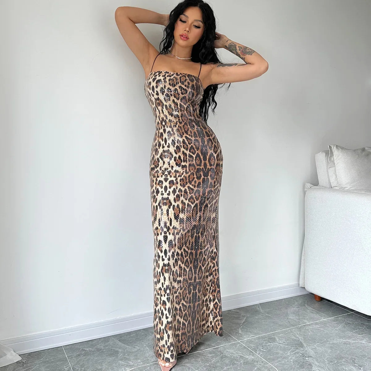 eybag Sequined Leopard Print Strap Straight Elegant Evening Long Dress Summer Casual Party Ladies Clothes Y2K Streetwear