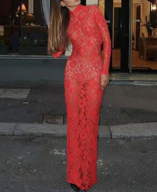 eybag Elegant Sexy See-through Red Lace Evening Dresses for Women 2024 Autumn High Waist Hollow Out Bodycon Wedding Party Prom Dress