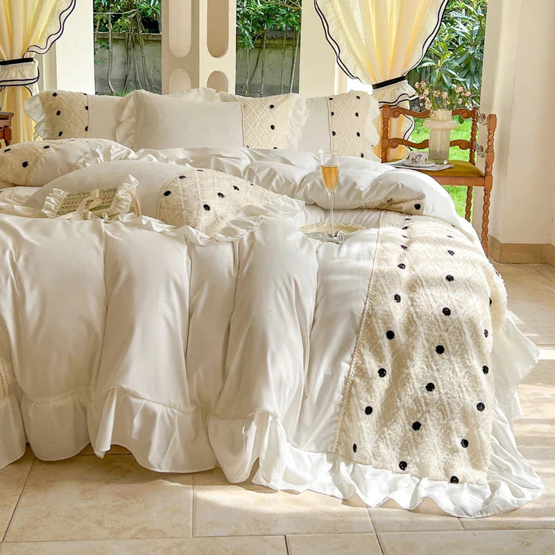 -Korean Princess Style Bedding Set, Lace Patchwork, Embroidery Ruffles, Duvet Cover Set, Bed Sheet, Pillowcases, 4Pcs