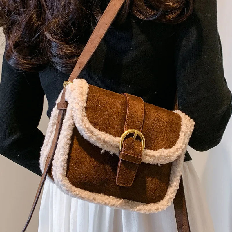 eybag Brand Designer Suede and Faux Fur Patchwork Women's Shoulder Bag Retro Lock Crossbody Bag Small Flap Handbag