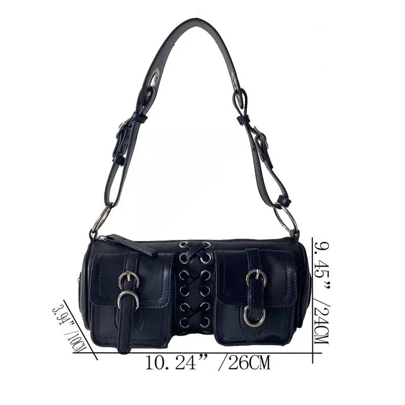 eybag - Vintage Black Women Cylinder Underarm Bags Double Pocket Design Ladies Shoulder Bag Fashion Female PU Leather Purse Handbags