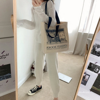 eybag Women Canvas Shoulder Bag London Books Print Ladies Casual Handbag Tote Bag Reusable Large Capacity Cotton Shopping Beach Bag