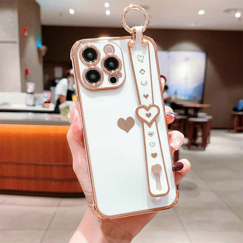 eybag New Electroplated Solid + Love Wrist Strap Mobile Phone Case For iPhone 11/12/13/14/15 Pro Max Apple Series Phone Cases